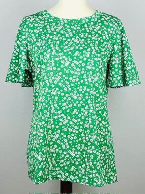 Raaga Tunic Sz XL Green Ditsy Print Floral Tiered Flutter Sleeve Cottagecore